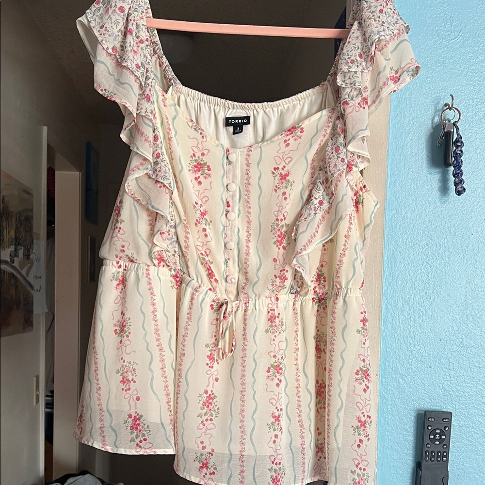 Floral Ruffle Blouse in Cream and Pink with strawberries